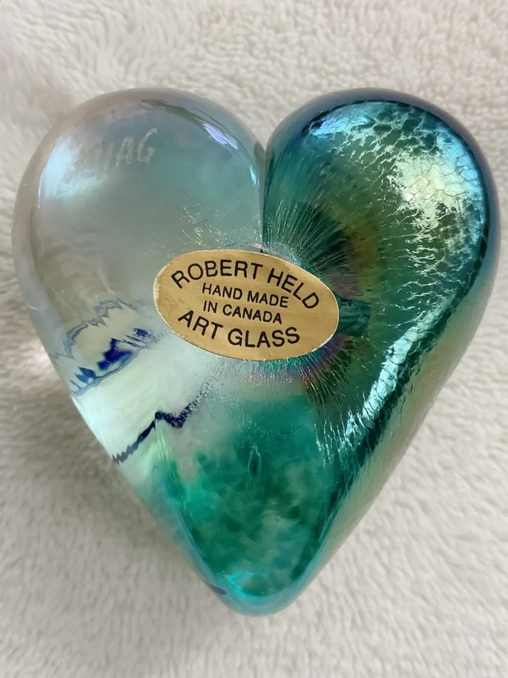 Robert Held Art Glass Heart Paperweight Iridescent Signed Canada 2”